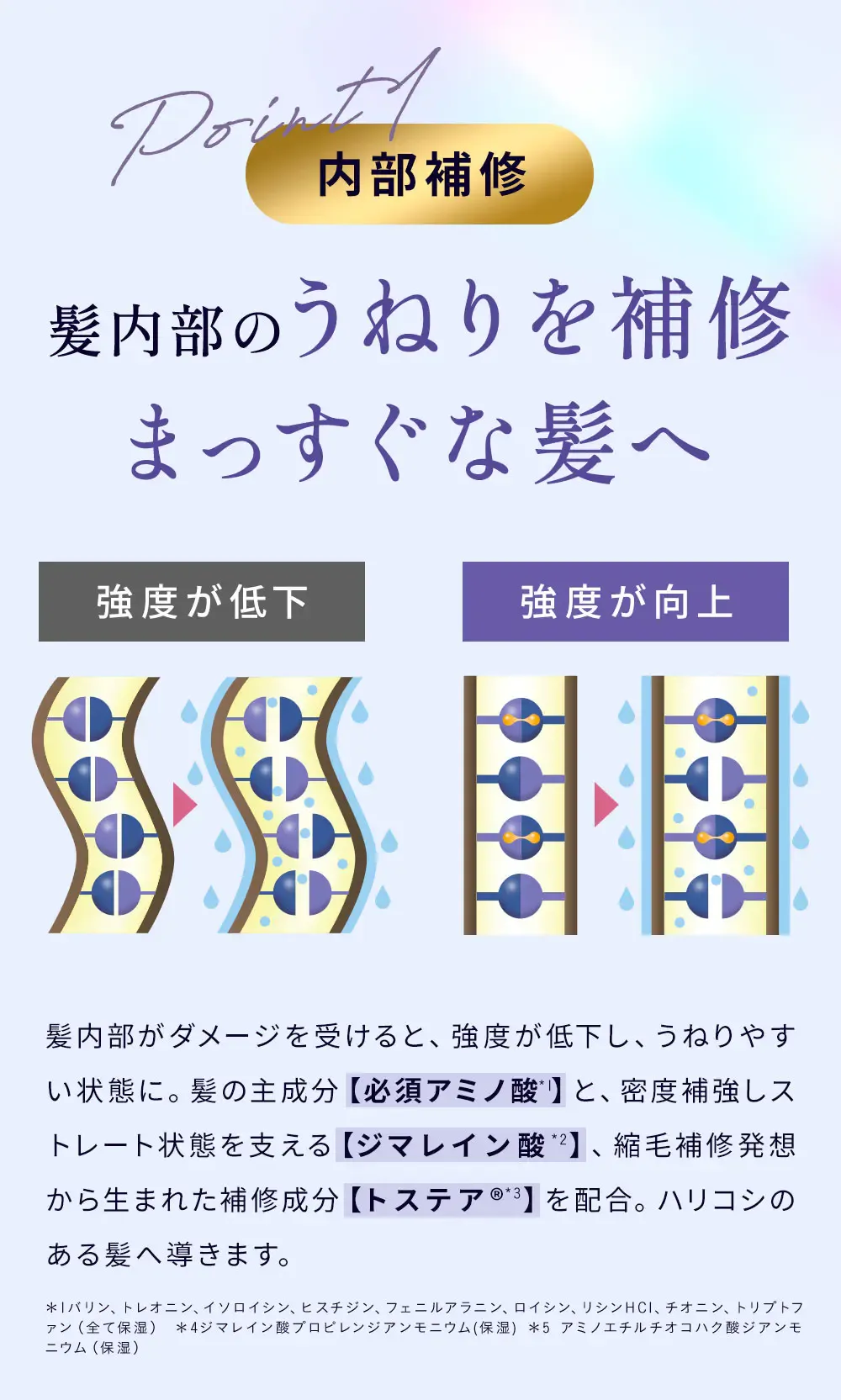 Point1 内部補修 / 髪内部のうねりを補修 まっすぐな髪へ / 髪内部がダメージを受けると、強度が低下し、うねりやすい状態に。髪の主成分【必須アミノ酸*1 】と、密度補強しストレート状態を支える【ジマレイン酸*2 】、縮毛補修発想から生まれた補修成分【トステア®*3 】を配合。ハリコシのある髪へ導きます。 / ＊1バリン、トレオニン、イソロイシン、ヒスチジン、フェニルアラニン、ロイシン、リシンHCl、チオニン、トリプトファン（全て保湿） ＊4ジマレイン酸プロピレンジアンモニウム(保湿) ＊5 アミノエチルチオコハク酸ジアンモニウム（保湿）