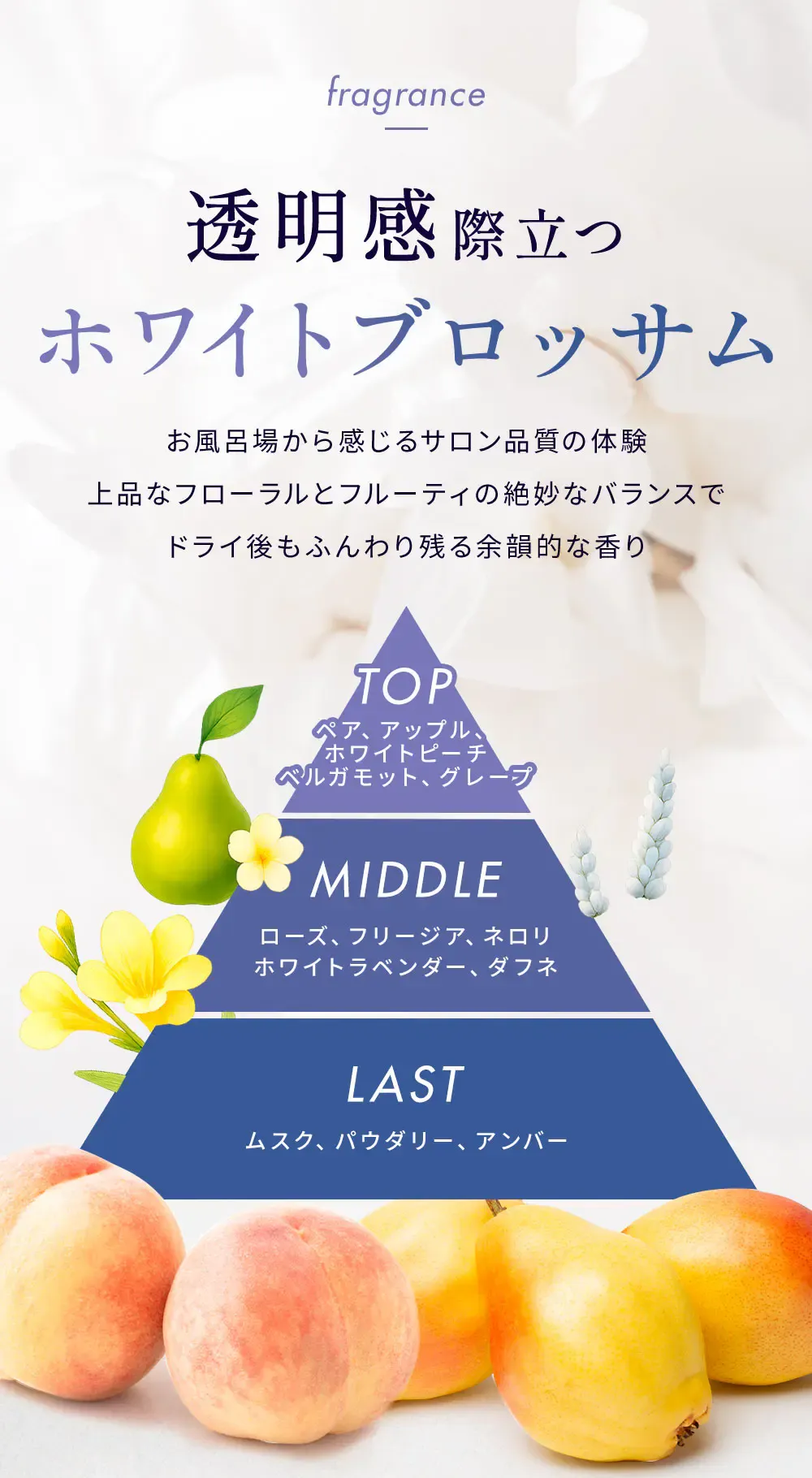 fragrance 透明感際立つ ホワイトブロッサム / お風呂場から感じるサロン品質の体験 上品なフローラルとフルーティの絶妙なバランスで ドライ後もふんわり残る余韻的な香り / top - ペア、アップル、ホワイトピーチ、ベルガモット、グレープ / middle - ローズ、フリージア、ネロリ、ホワイトラベンダー、ダフネ / last - ムスク、パウダリー、アンバー