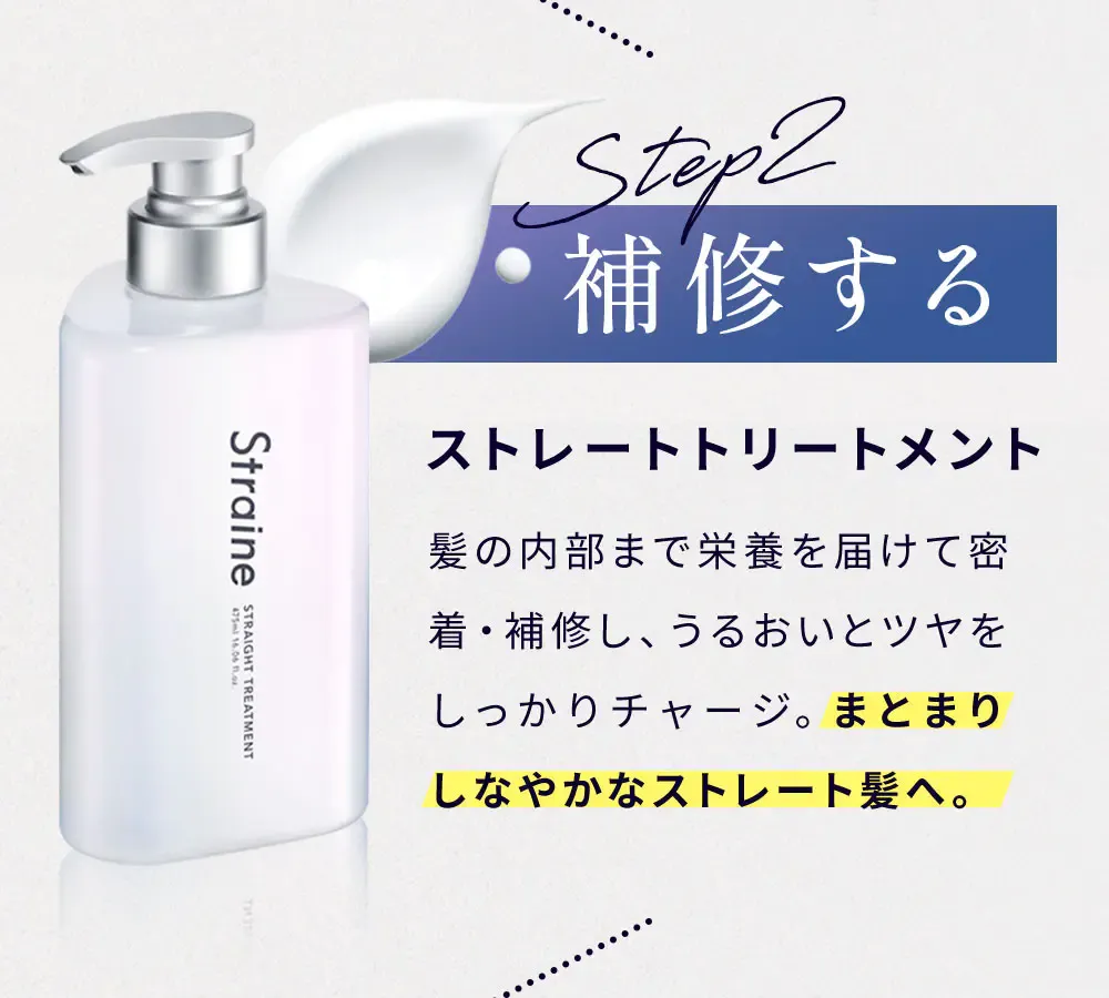 Step2 補修する ストレートトリートメント 髪の内部まで栄養を届けて密着・補修し、うるおいとツヤをしっかりチャージ。まとまりしなやかなストレート髪へ。